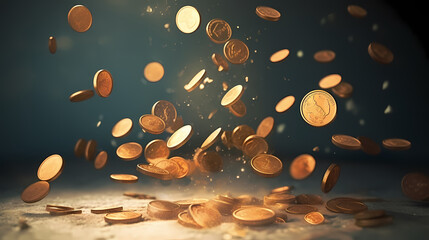 Coin background, a small plant can be seen sprouting from a pile of coins