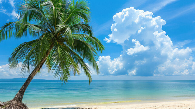 Coconut palm tree on the tropical beach with sea and sky background