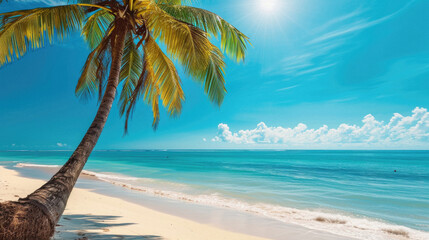 Beautiful tropical beach with coconut palm tree on blue sky and white sand