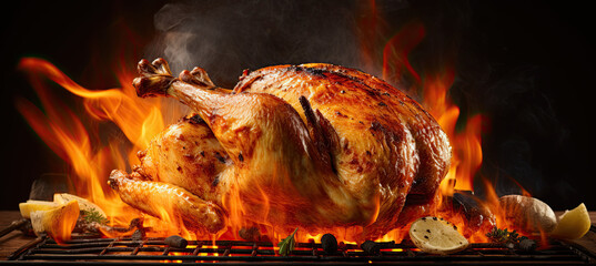 Roast chicken on fire isolated on black background - obrazy, fototapety, plakaty