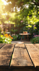 Empty wooden table and blurred garden background. Perspective brown wood table for product display .