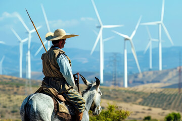 Donquijote mit Lanze auf einem Esel bereit zum Kampf gegen Windkraftanlagen - 740732854