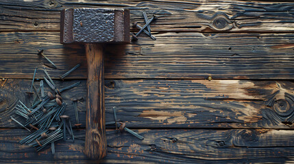 Iron mallet and nails on a wooden background.