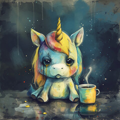 a very grumpy unicoren, sad and tired, with empty coffee pot, watercolor style, splash effect, dark background Generative AI