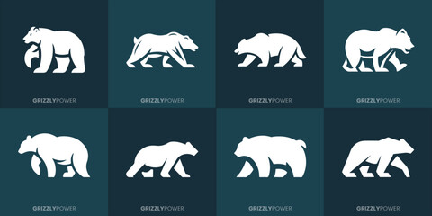 Fototapeta premium Monochrome Weiße Grizzlybärköpfe: Vektorgrafik Firmenlogo Bündel