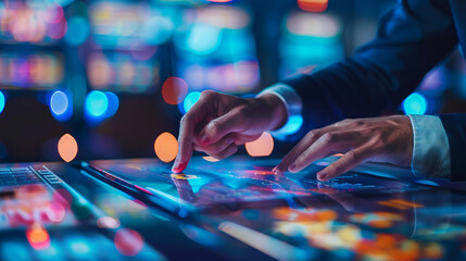 Two professionals using an interactive touch screen to analyze data, with the technology-filled office space blurred behind them, blurred background, with copy space