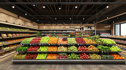 Supermarket interior with shelves full of fruits and vegetables . - obrazy, fototapety, plakaty