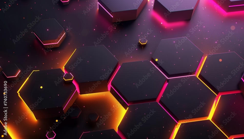 Poster glowing neon hexagons pattern on dark backdrop, perfect for modern design projects and concepts.