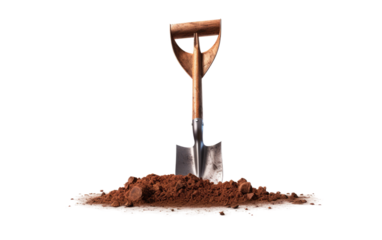 A photo of a shovel and dirt showcasing the tools and materials commonly used for gardening or construction. on White or PNG Transparent Background.