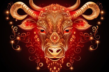Illustration of zodiac sign taurus glowing in red on black background in vector style
