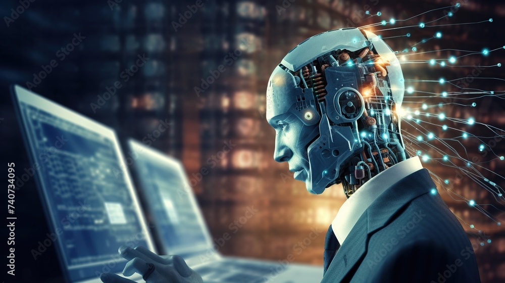 Poster humanoid robot using laptop or computer in the office. modern and futuristic technology concept.