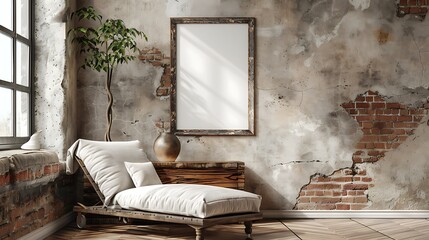 A mockup poster blank frame hanging on a rustic trunk, above a sleek chaise lounge, conservatory, Scandinavian style interior design