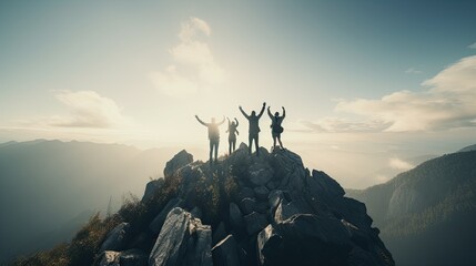 Together overcoming obstacles with three people holding hands up in the air on mountain top , celebrating success and achievements. - AI Generated - obrazy, fototapety, plakaty