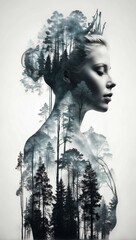  queen filled with a forest , double exposure, crisp lines, monochrome background
