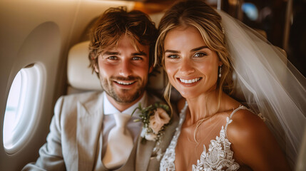 Joyful newlyweds traveling by plane, their summer romance elevated amidst the clouds .
