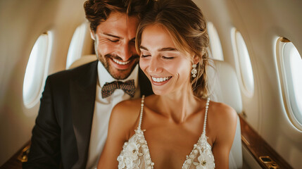 Joyful newlyweds traveling by plane, their summer romance elevated amidst the clouds.