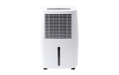 A white air cooler sits atop a white table, providing cooling relief in a minimalistic setting. on White or PNG Transparent Background.