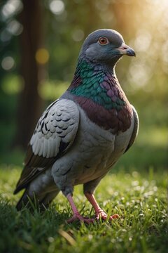 High-quality image, 8K, magical forest, close-up of an ordinary pigeon standing on green grass, warm and pleasant soft lighting, amazing sun, amazing depth of field
