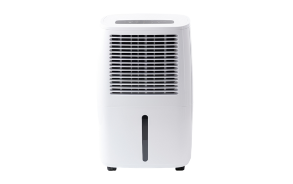 A white air cooler sits atop a white table, providing cooling relief in a minimalistic setting. on White or PNG Transparent Background.