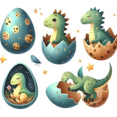 Naklejka premium Illustration of cute dinosaurs in eggshells on a white background