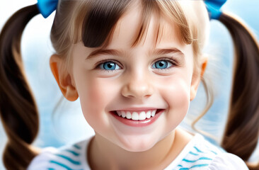 portrait of a smiling girl. happy, smiling, little girl with beautiful white milk teeth. Banner on blue background with copy space