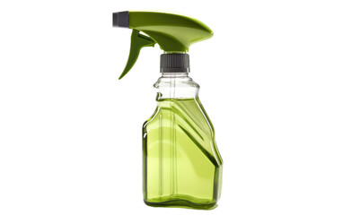 A green spray bottle with a green handle is captured in this image. on White or PNG Transparent Background.