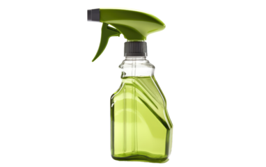 A green spray bottle with a green handle is captured in this image. on White or PNG Transparent Background.