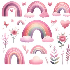 Set of cute rainbow, leaves, flowers and hearts. Vector illustration.
