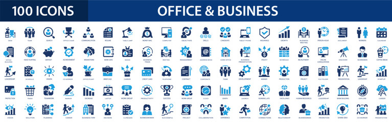 Office and business flat icons set. Workplace, teamwork, desk, partnership, planning, coworking, management icons and more signs. Flat icon collection.