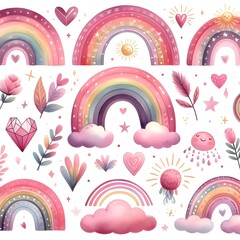 Seamless pattern with cute rainbow and clouds. Vector illustration.