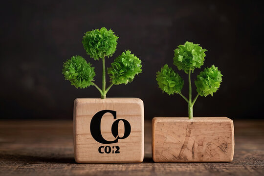 Visualize CO2 emission reduction with sustainable development and renewable energy. Green Energy icon on wooden block for ESG and carbon footprint awareness.