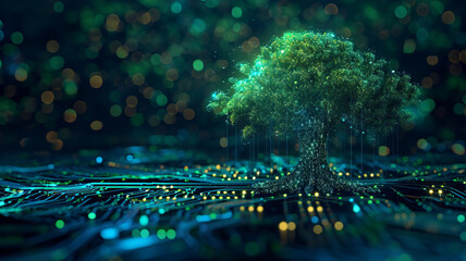 A digital tree blooms with electronic circuits, symbolizing growth in AI Generative.