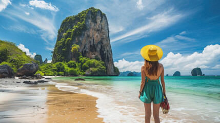 Fototapeta na wymiar Young woman in swimsuit and hat standing on the beach at Phi Phi Island, Thailand .