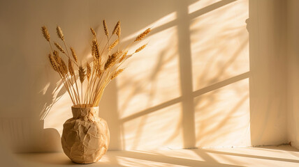 Golden wheat in a paper vase, casting soft shadows in the tranquil light of a window, AI Generative.