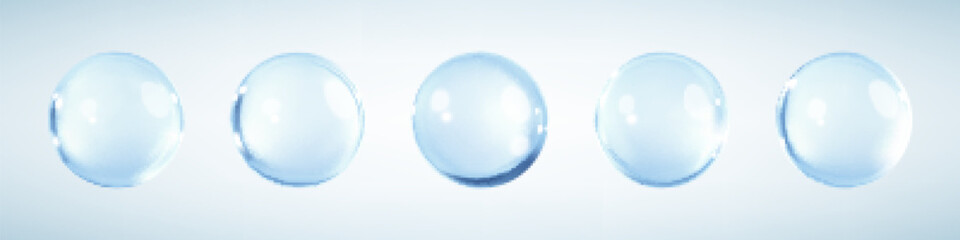 Collagen serum or essence drops on blue background. Collagen serum bubbles. Cosmetic essence. Concept skincare cosmetics solution. Vector 3d illustration