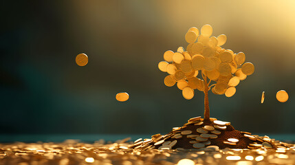 Coin background, a small plant can be seen sprouting from a pile of coins