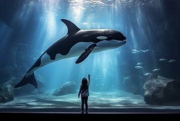 A little girl watches a Orca whale swimming in a huge aquarium. Free the Orca whale from captivity. - obrazy, fototapety, plakaty