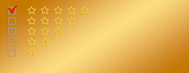 Gold, gray five stars shape on a gradient background. Rating stars with tick. Feedback evaluation....