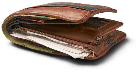 old worn out wallet with papers, receipts and cash inside, years of used broken and faded leather, frayed edges and scuffed surfaces, deteriorated men's practical accessory isolated white background