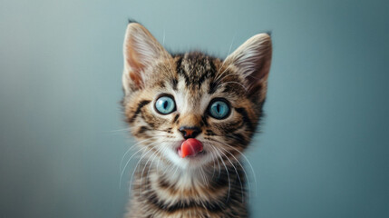 Cute little bengal kitten with blue eyes sticking out tongue
