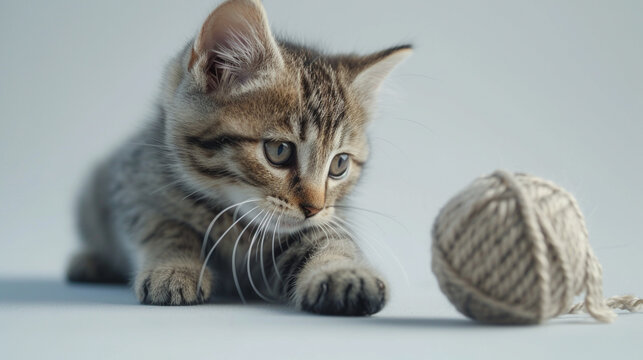 A cat playing with a ball of yarn isolated on a white background