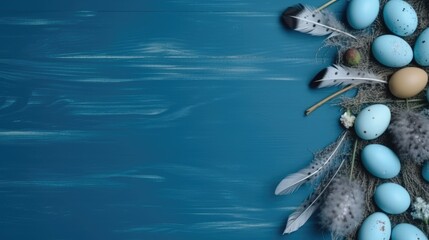Easter banner with painted eggs and feathers on a blue wooden background. Place for text