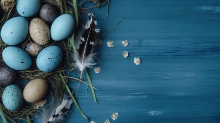 Easter banner with colored eggs in a nest on a blue wooden background. Place for text