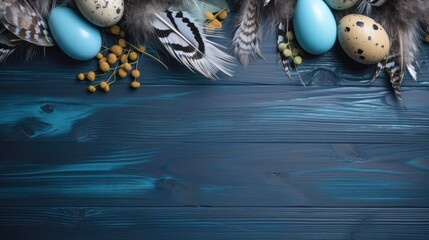 Easter banner with painted eggs and feathers on a blue wooden background. Place for text
