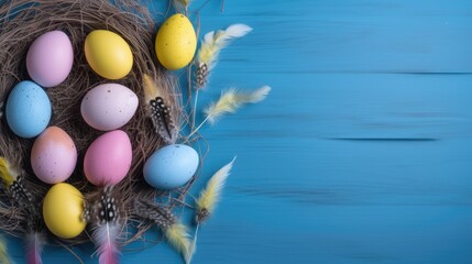 Easter banner with colored eggs in a nest on a blue wooden background. Place for text