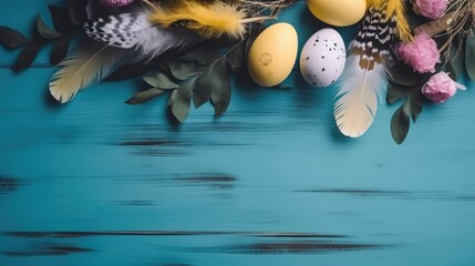 Easter banner with painted eggs and feathers on a blue wooden background. Place for text