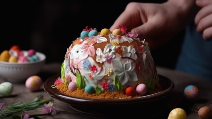 Traditional Slavic Orthodox pie for Easter, decorated with craffin
