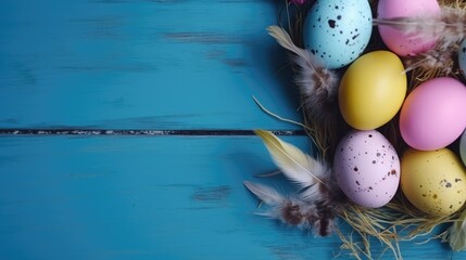 Easter banner with colored eggs in a nest on a blue wooden background. Place for text