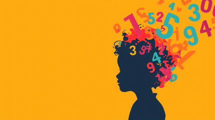 Dyscalculia awareness day banner design with copy space. Beautiful child profile silhouette surrounded by colorful numbers.