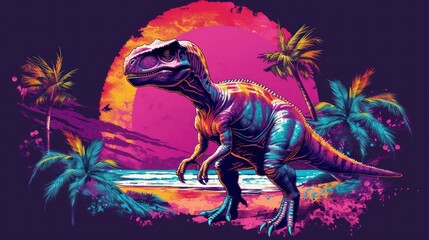 Vibrant dinosaur artwork set against a retro-style sunset